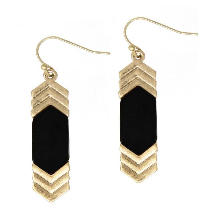 Black Semi-Precious Stone and Gold Metal Chevron Earring